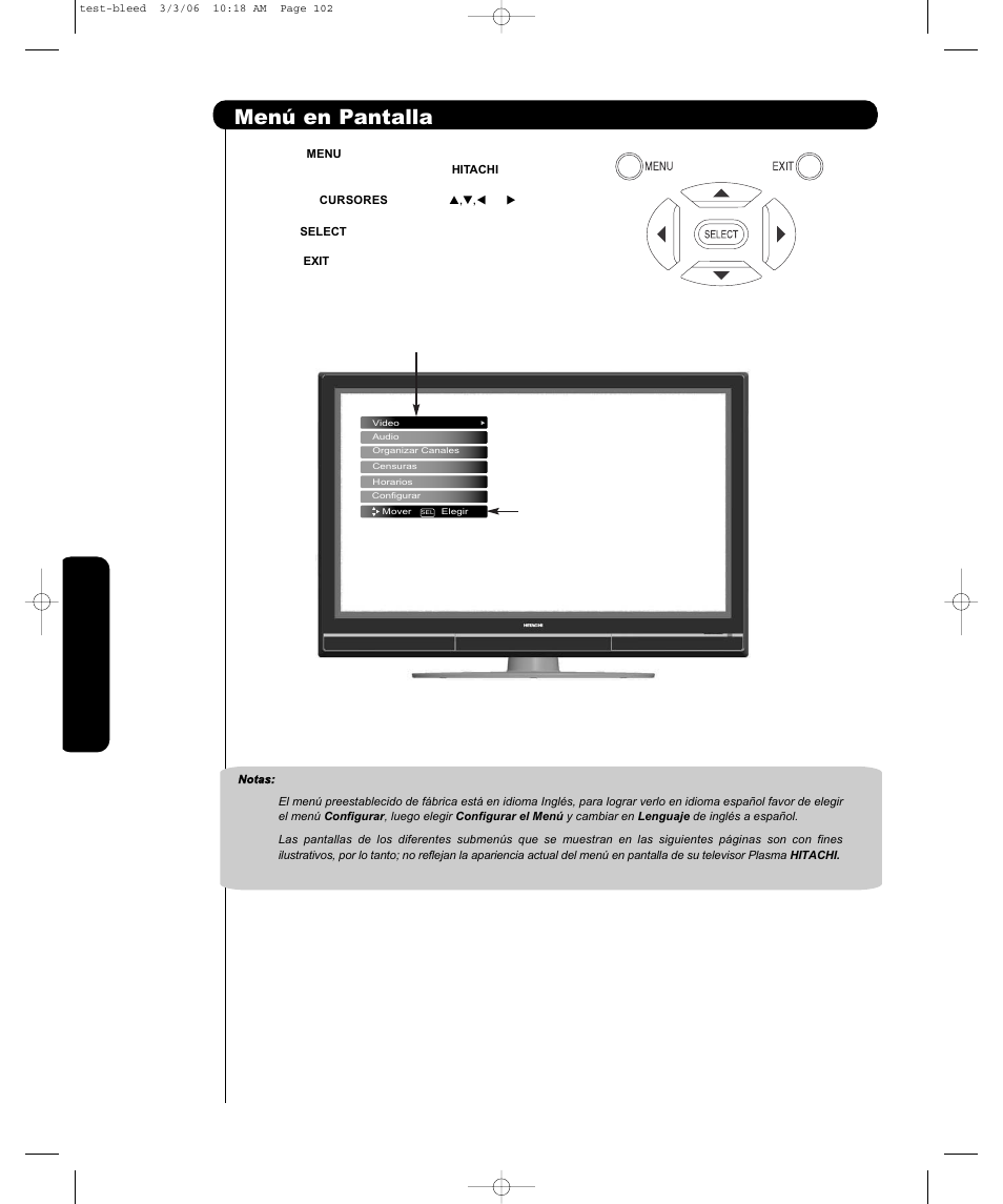 Menú en pantalla | Hitachi P42H401 User Manual | Page 96 / 144