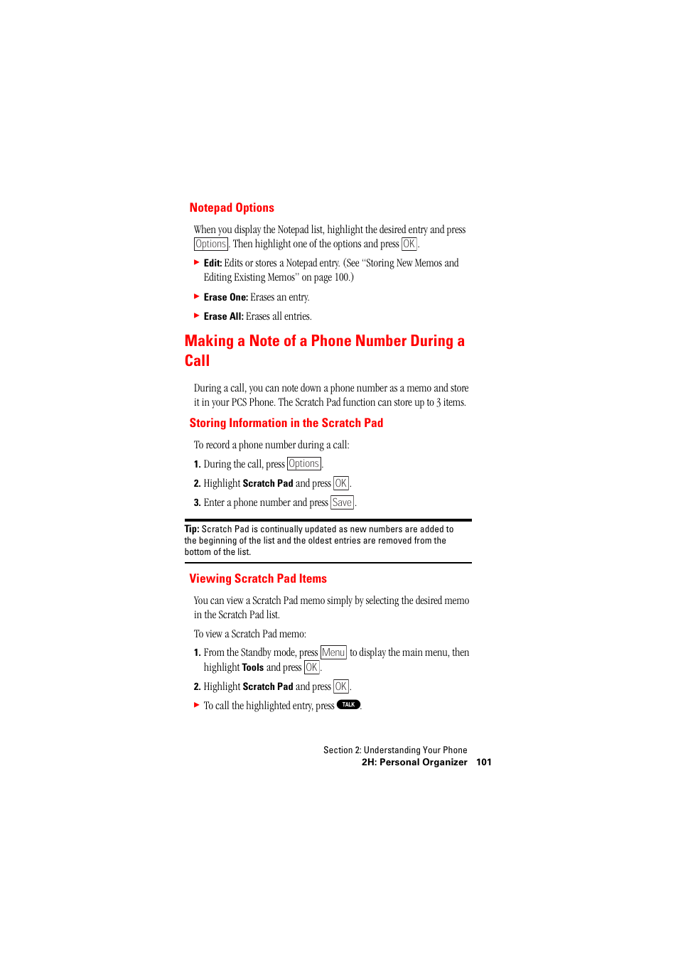 Making a note of a phone number during a call, Notepad options, Making a | Hitachi SH-P300 User Manual | Page 110 / 455