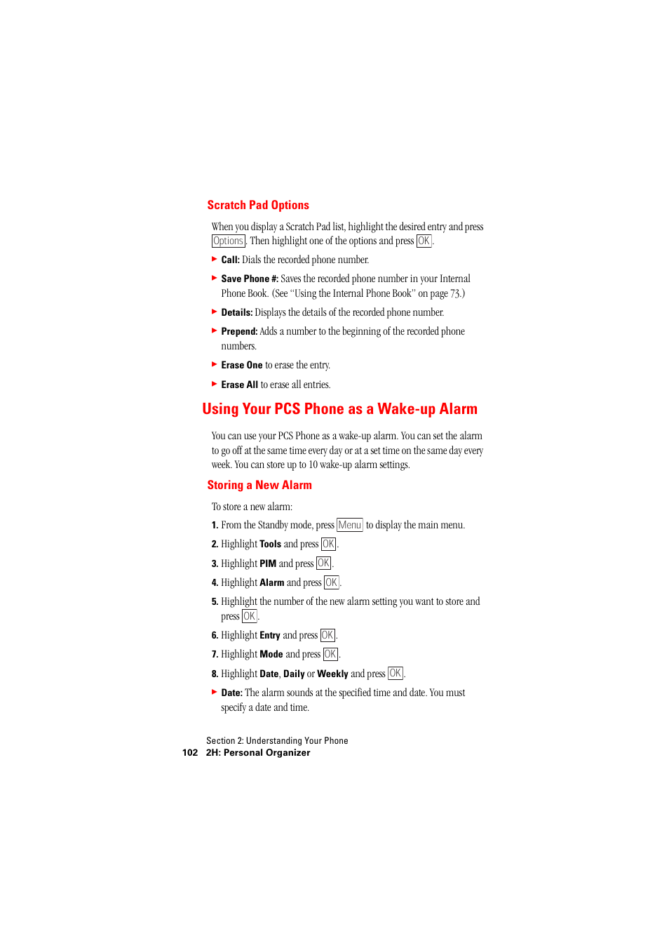 Using your pcsphone as a wake-up alarm, Scratch pad options, Using your pcs phone as a wake-up alarm | Storing a new alarm | Hitachi SH-P300 User Manual | Page 111 / 455