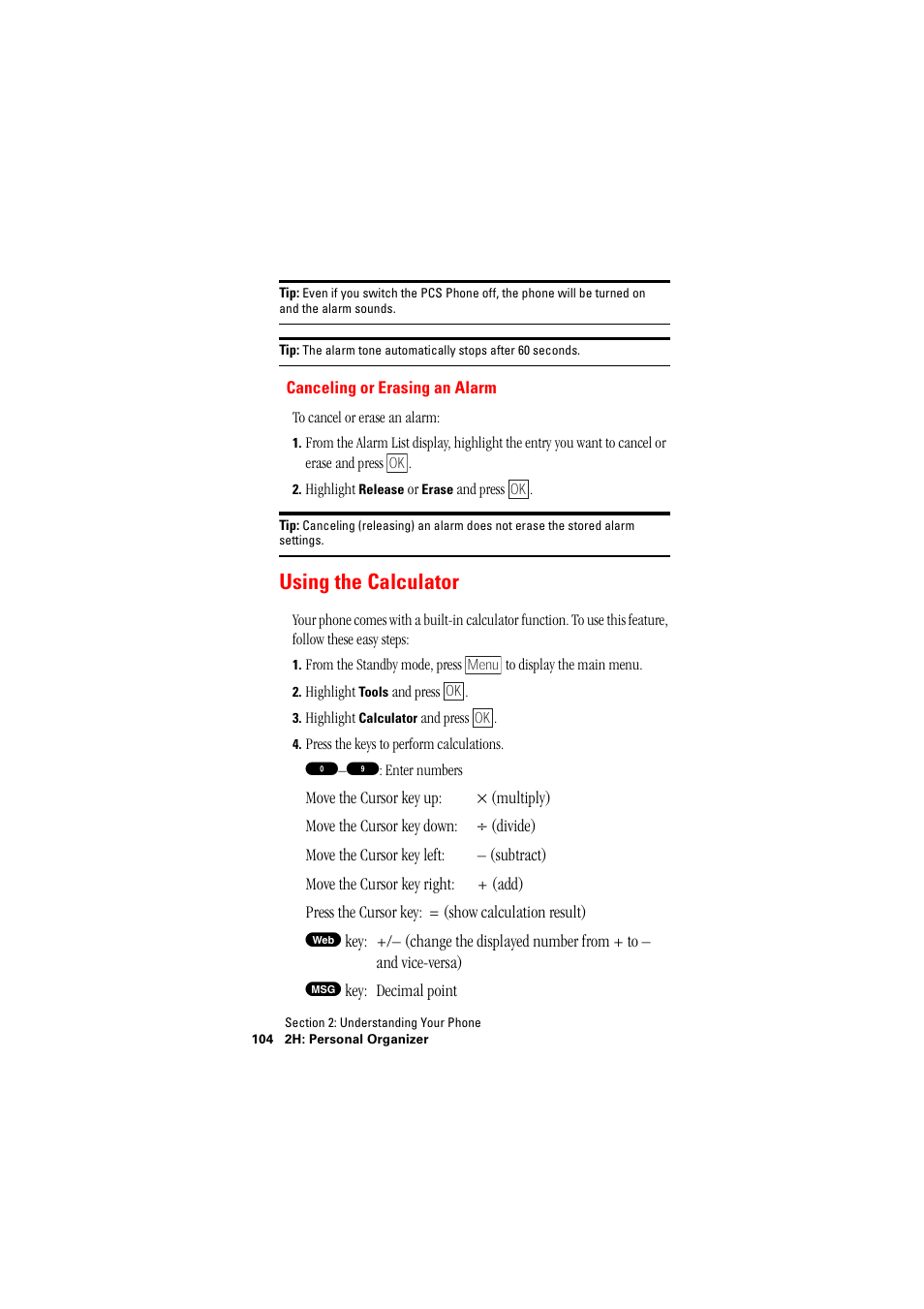 Using the calculator, Canceling or erasing an alarm | Hitachi SH-P300 User Manual | Page 113 / 455