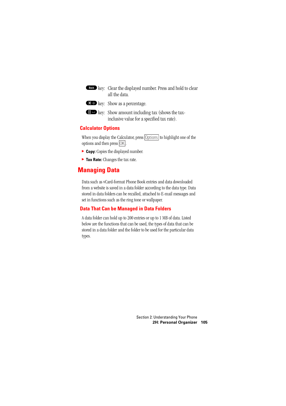 Managing data, Calculator options, Data that can be managed in data folders | Hitachi SH-P300 User Manual | Page 114 / 455
