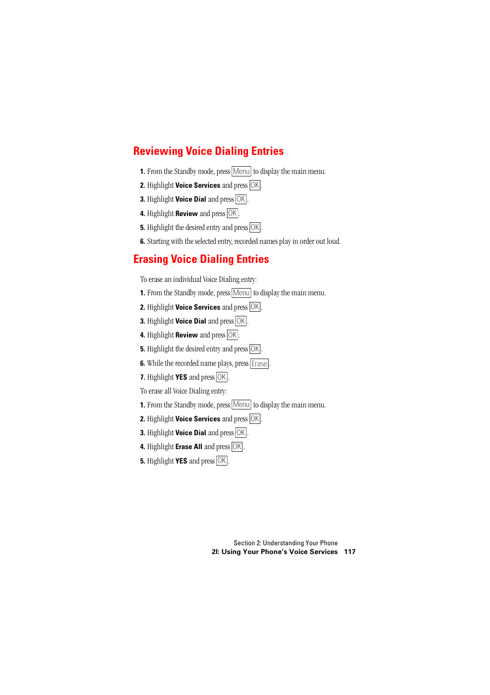 Reviewing voice dialing entries, Erasing voice dialing entries | Hitachi SH-P300 User Manual | Page 126 / 455