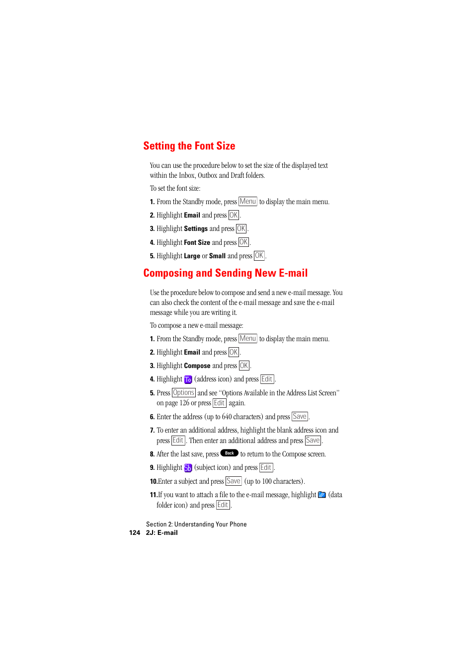 Setting the font size, Composing and sending new email, Composing and sending new e-mail | Hitachi SH-P300 User Manual | Page 133 / 455
