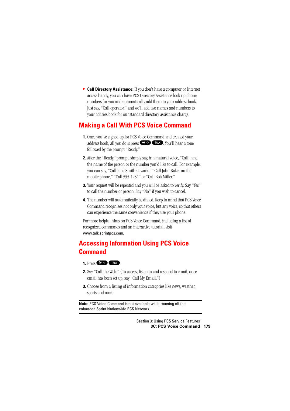 Making a call with pcs voice command, Accessing information using pcs voice command | Hitachi SH-P300 User Manual | Page 188 / 455