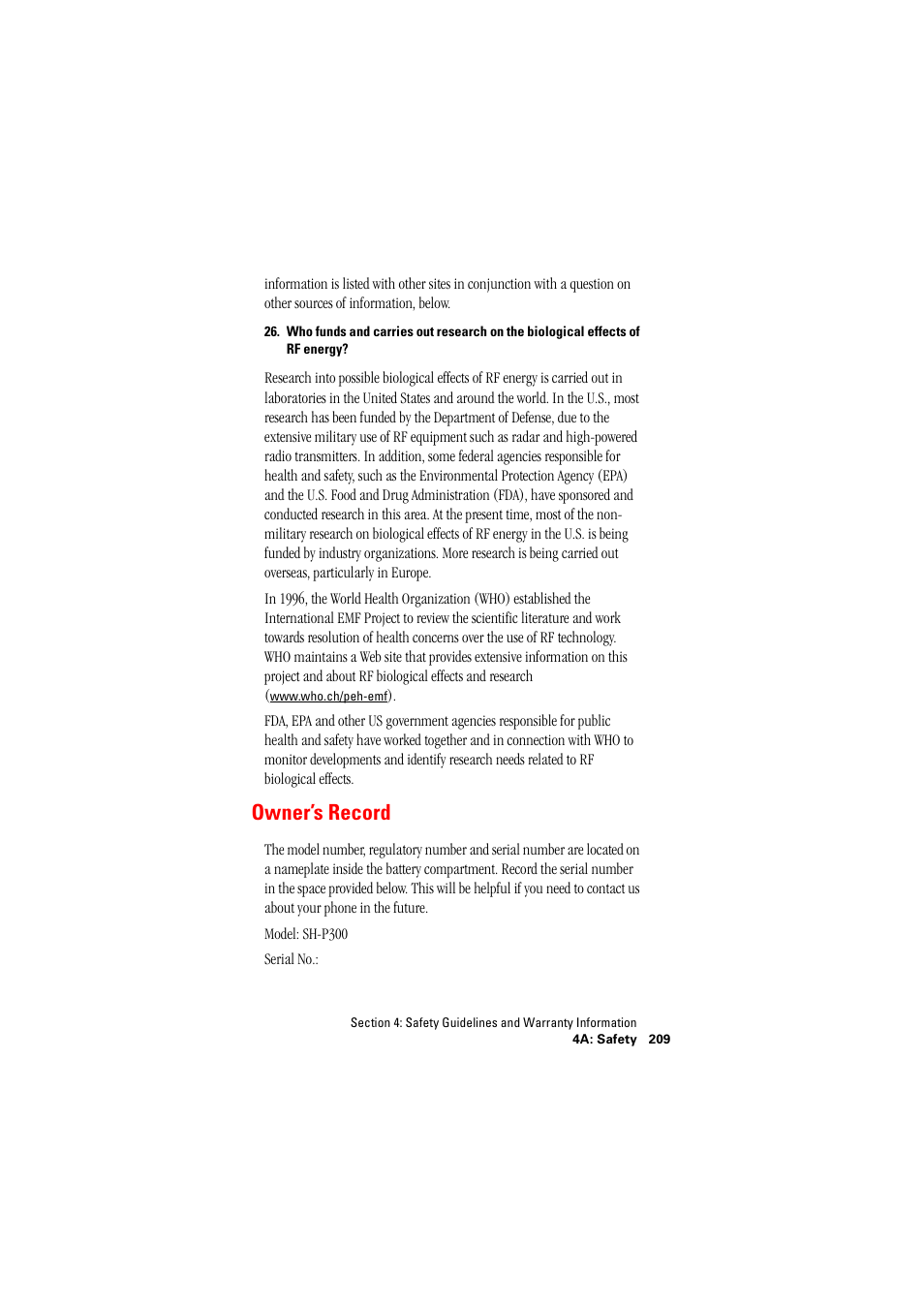 Owner’s record | Hitachi SH-P300 User Manual | Page 218 / 455