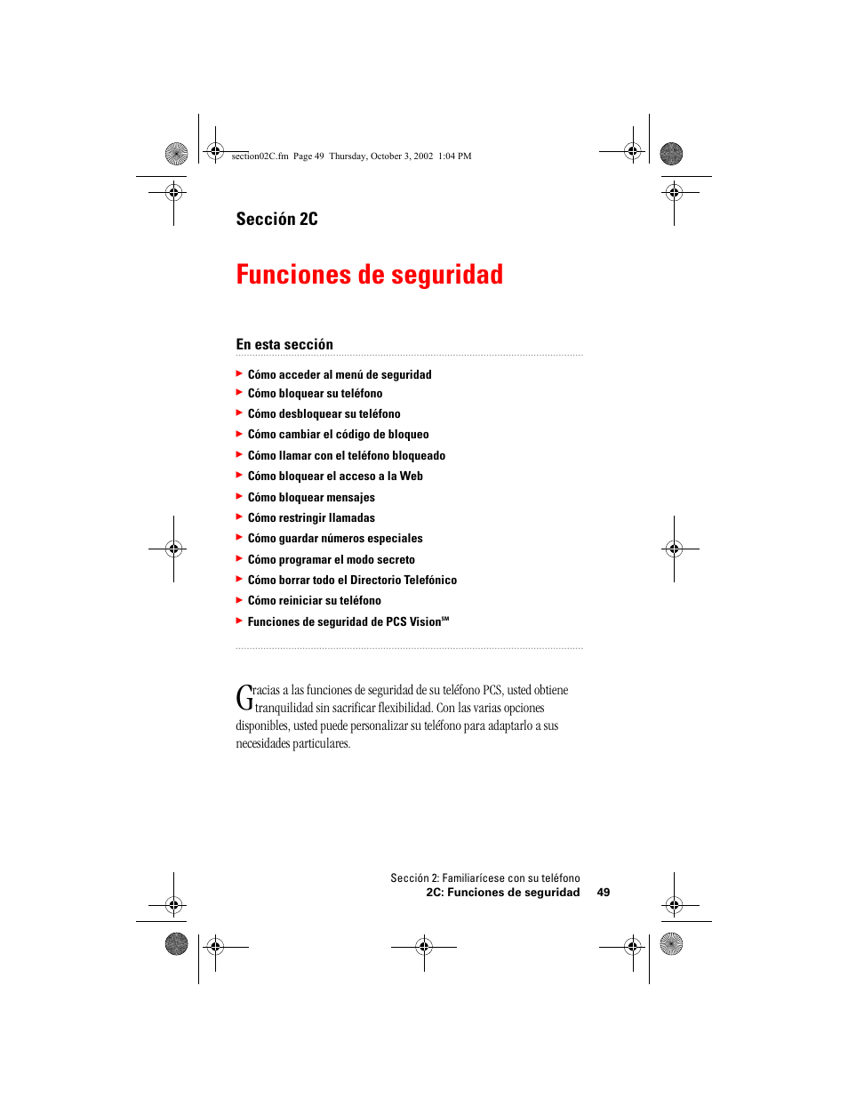 Funciones de seguridad, Sección 2c, En esta sección | Hitachi SH-P300 User Manual | Page 284 / 455