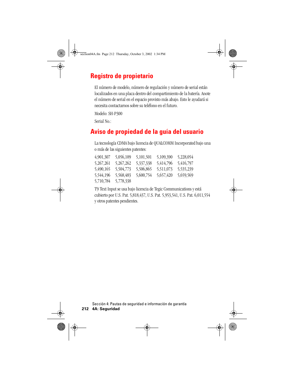 Registro de propietario, Aviso de propiedad de la guía del usuario | Hitachi SH-P300 User Manual | Page 447 / 455