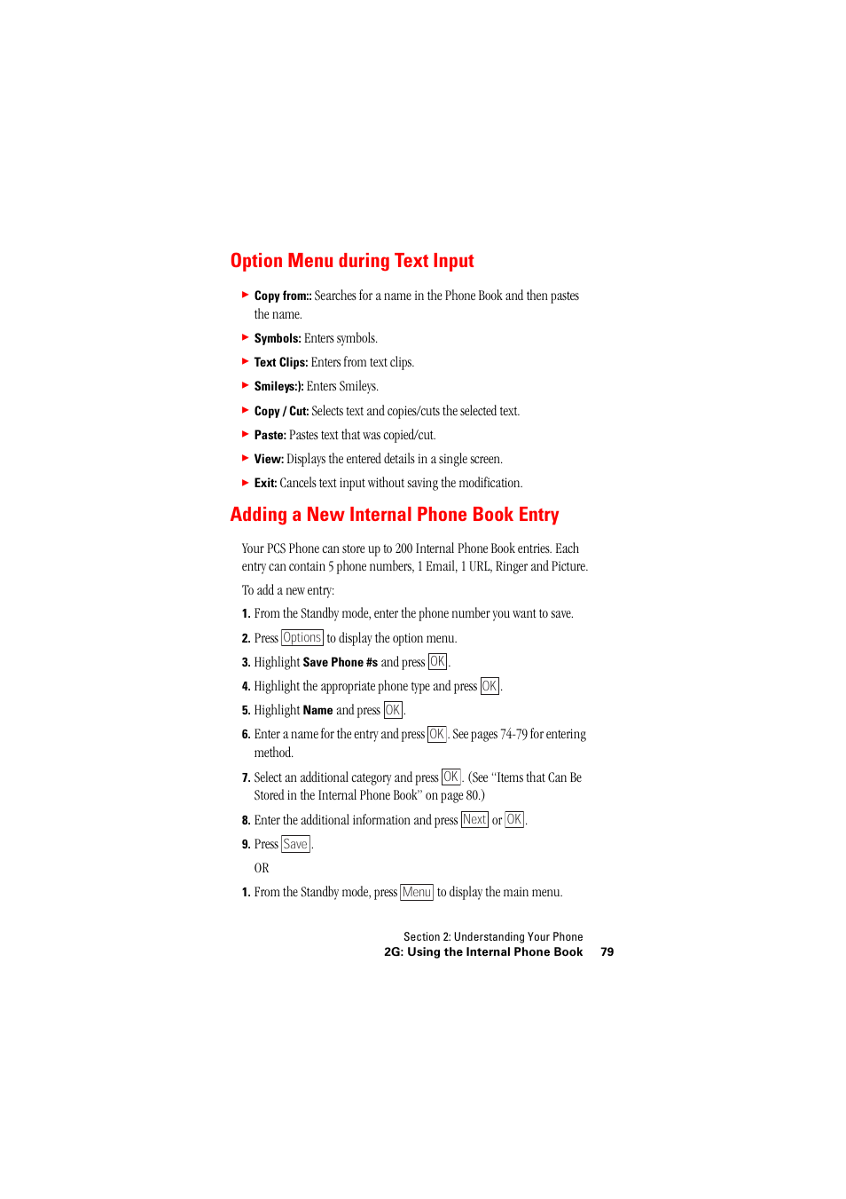 Option menu during text input, Adding a new internal phone book entry | Hitachi SH-P300 User Manual | Page 88 / 455
