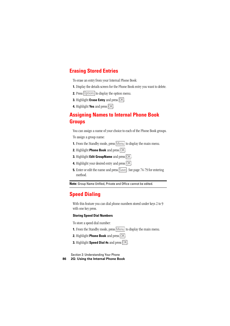 Erasing stored entries, Assigning names to internal phone book groups, Speed dialing | Assigning names to | Hitachi SH-P300 User Manual | Page 95 / 455