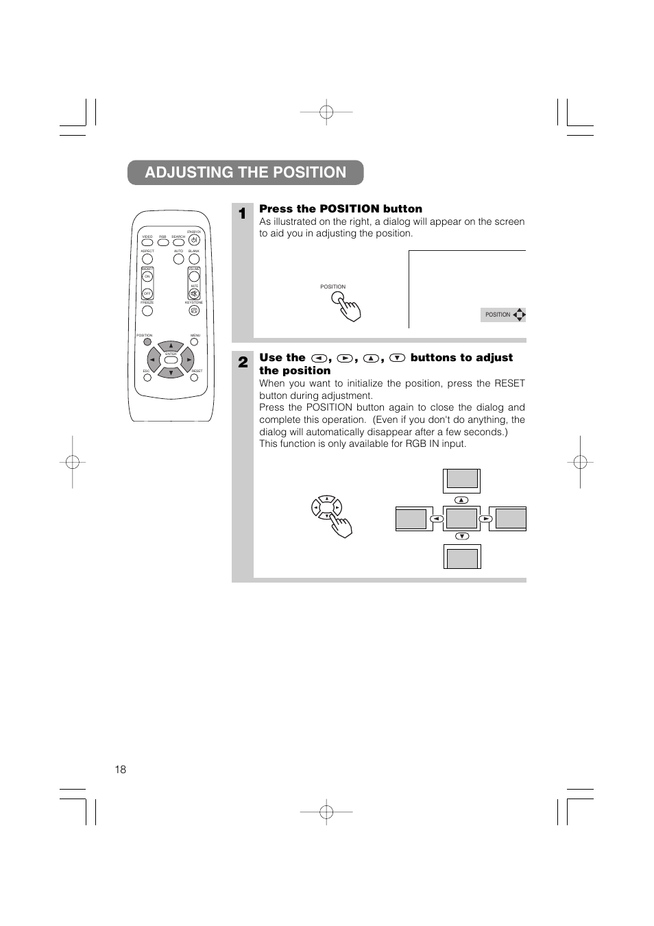 Adjusting the position, Press the position button, Use the , , , buttons to adjust the position | Hitachi CP-X275 User Manual | Page 19 / 51