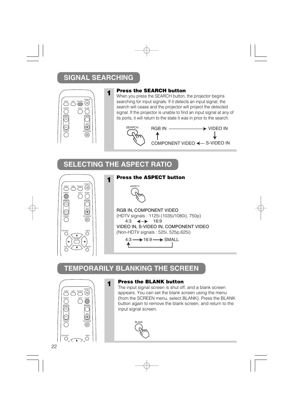 Press the search button, Press the aspect button, Press the blank button | Rgb in video in s-video in component video | Hitachi CP-X275 User Manual | Page 23 / 51