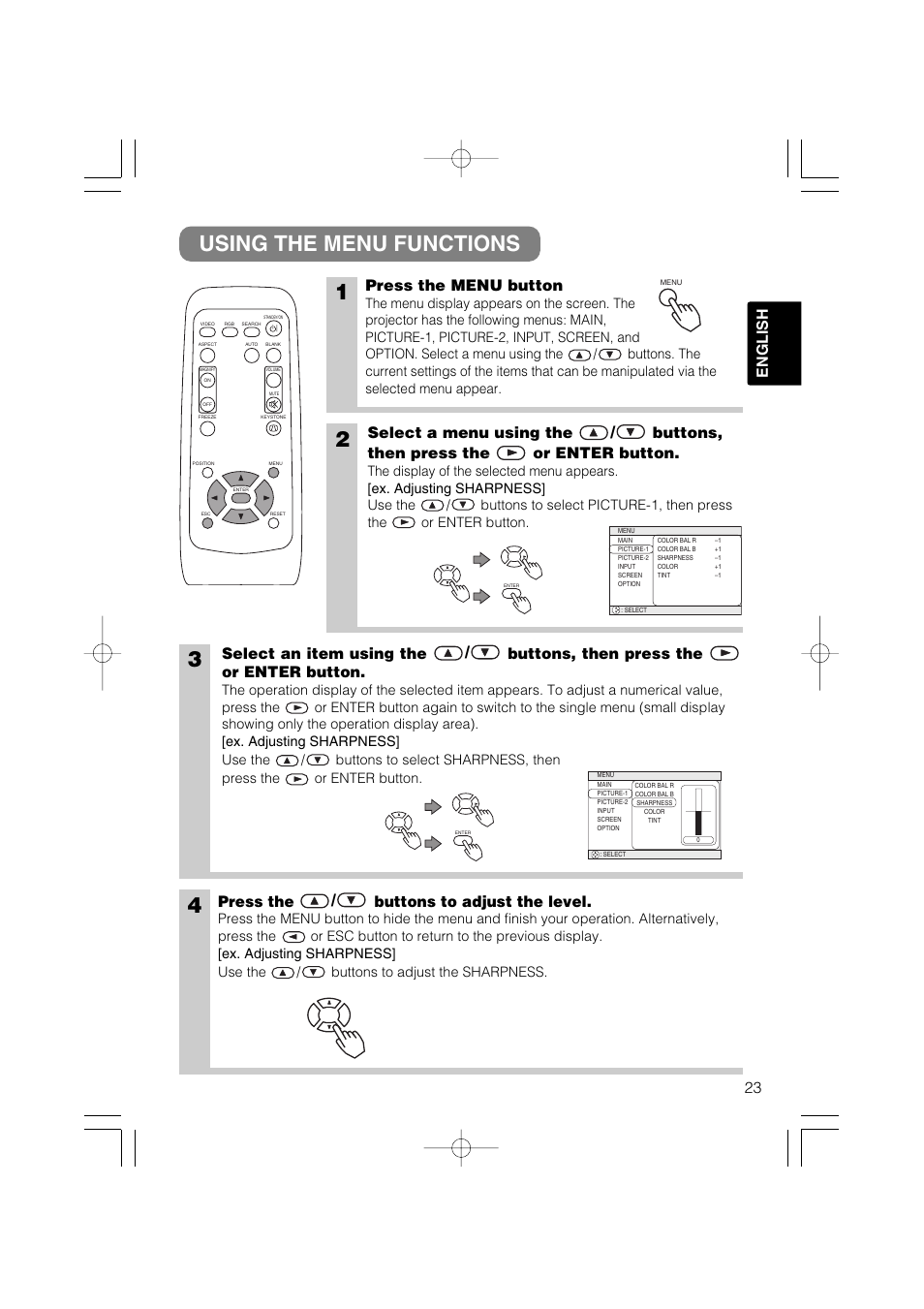 Using the menu functions 1, 23 english, Press the menu button | Press the / buttons to adjust the level | Hitachi CP-X275 User Manual | Page 24 / 51