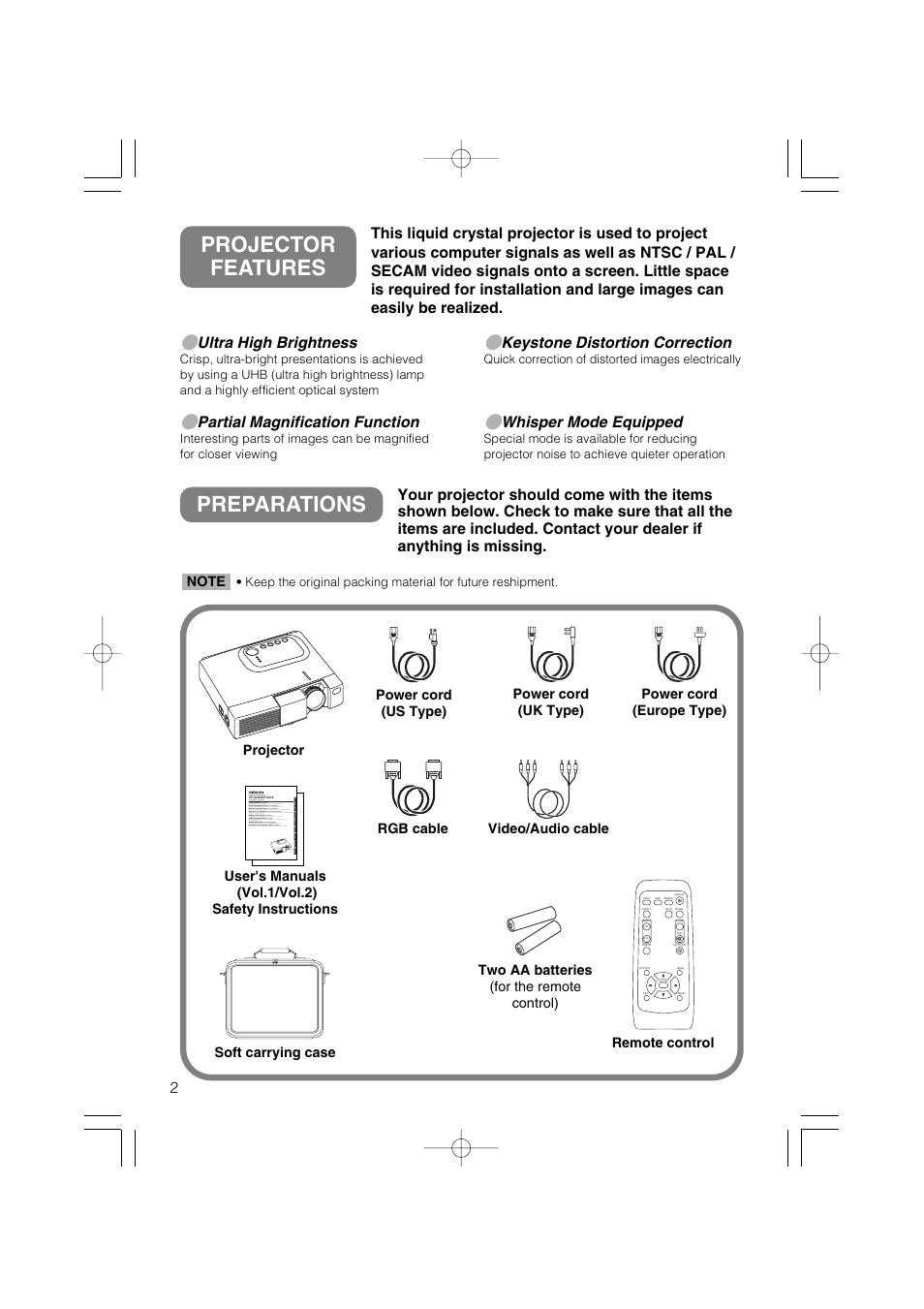 Preparations, Projector features, Ultra high brightness | Partial magnification function, Keystone distortion correction, Whisper mode equipped | Hitachi CP-X275 User Manual | Page 3 / 51