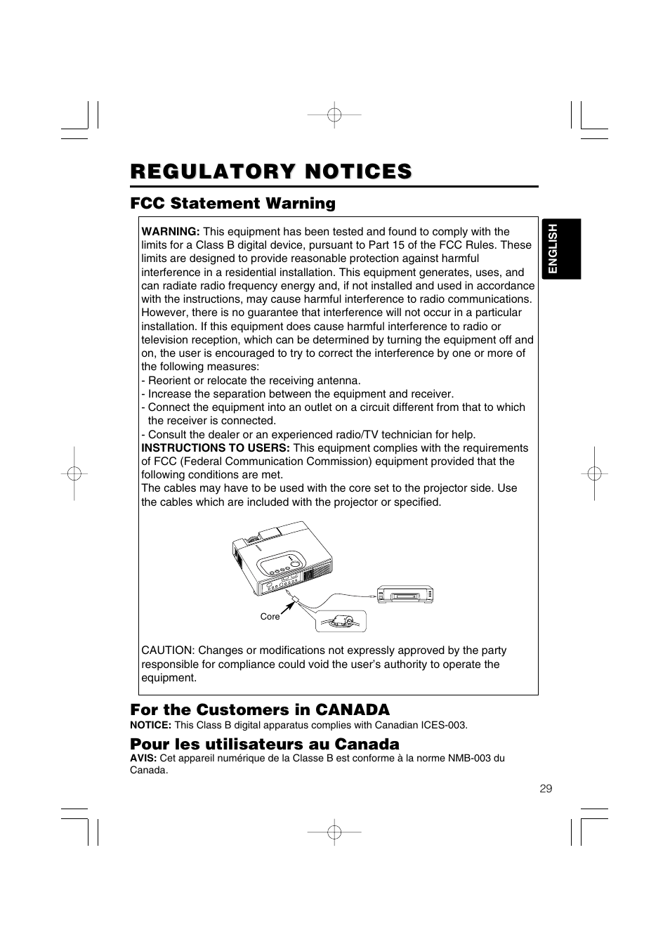 Regulatory notices, Fcc statement warning for the customers in canada, Pour les utilisateurs au canada | Hitachi CP-X275 User Manual | Page 30 / 51