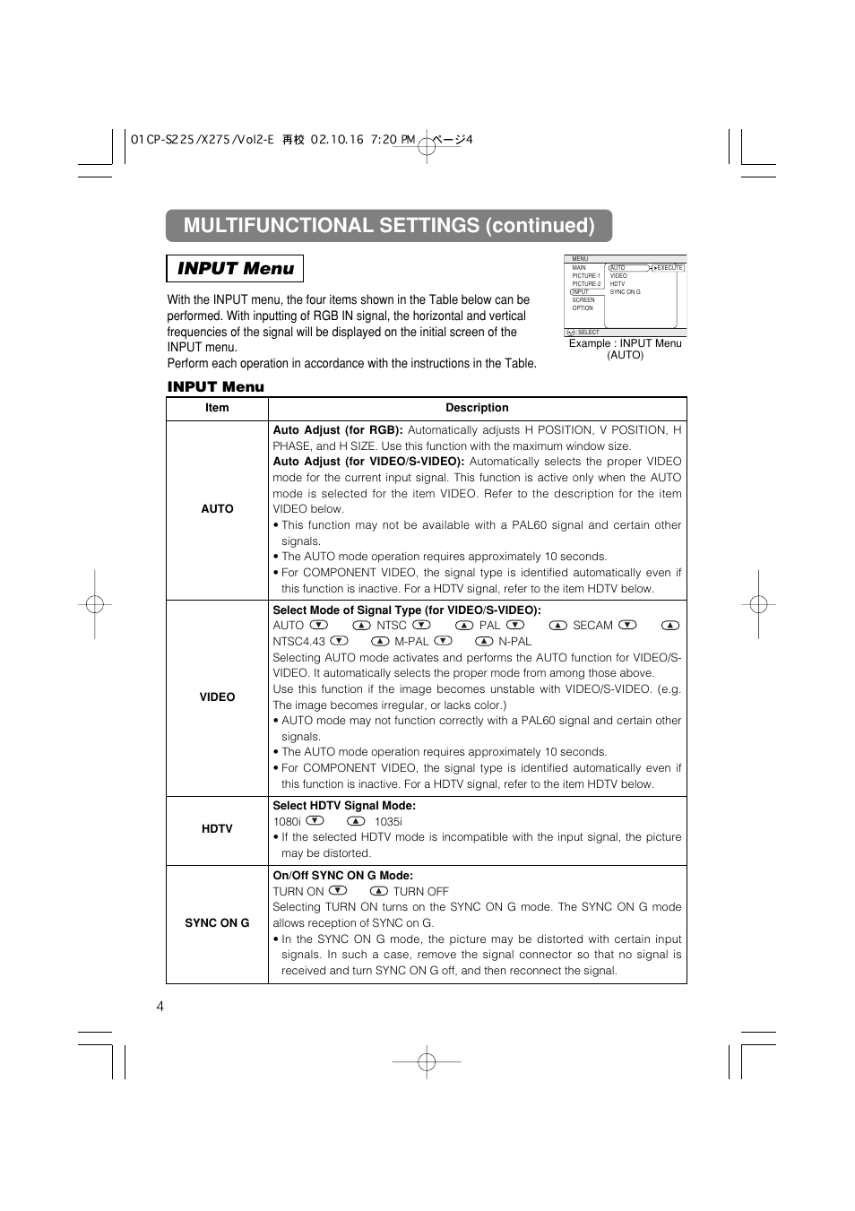 Multifunctional settings (continued), Input menu | Hitachi CP-X275 User Manual | Page 34 / 51