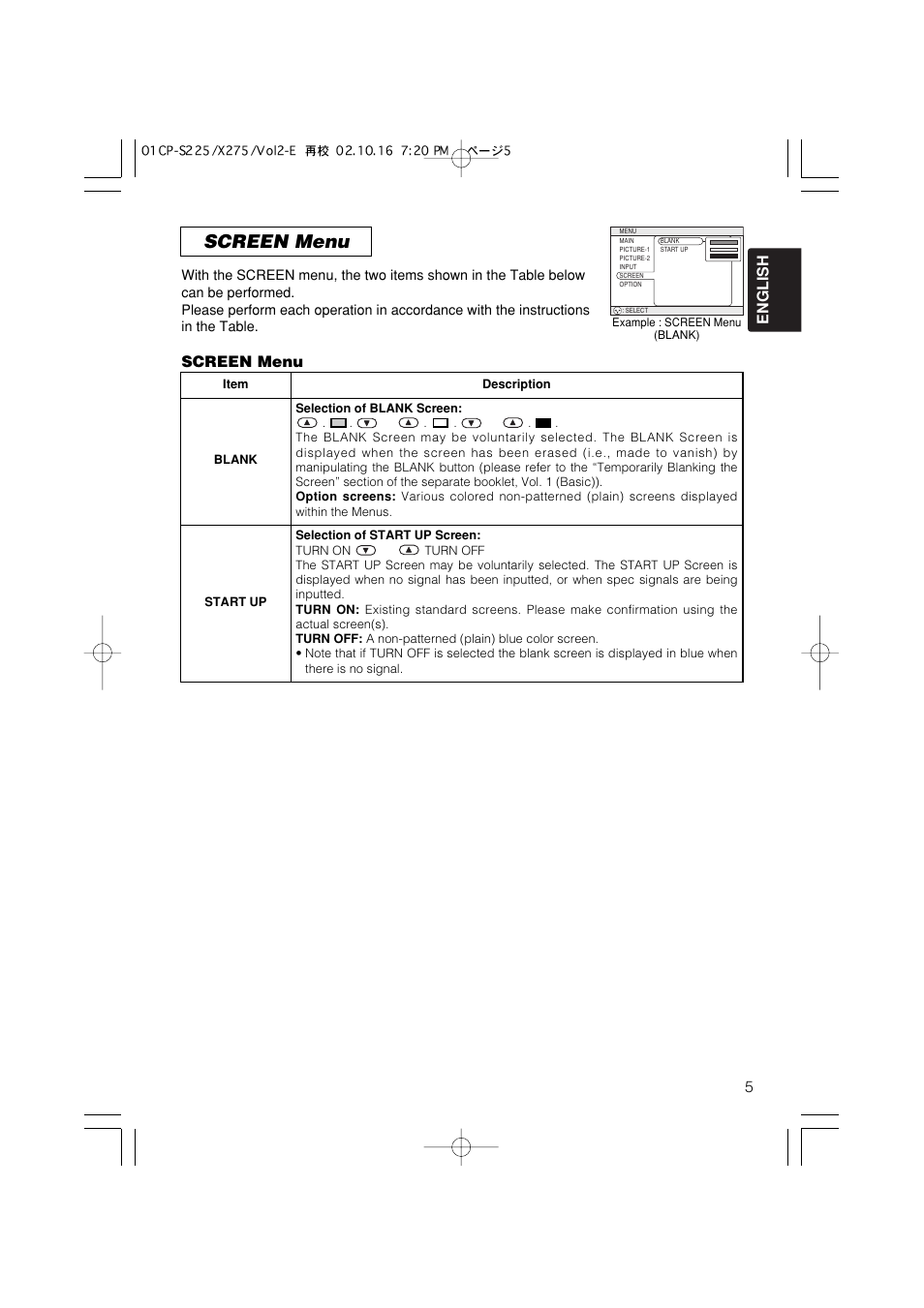Screen menu, English, 5screen menu | Hitachi CP-X275 User Manual | Page 35 / 51