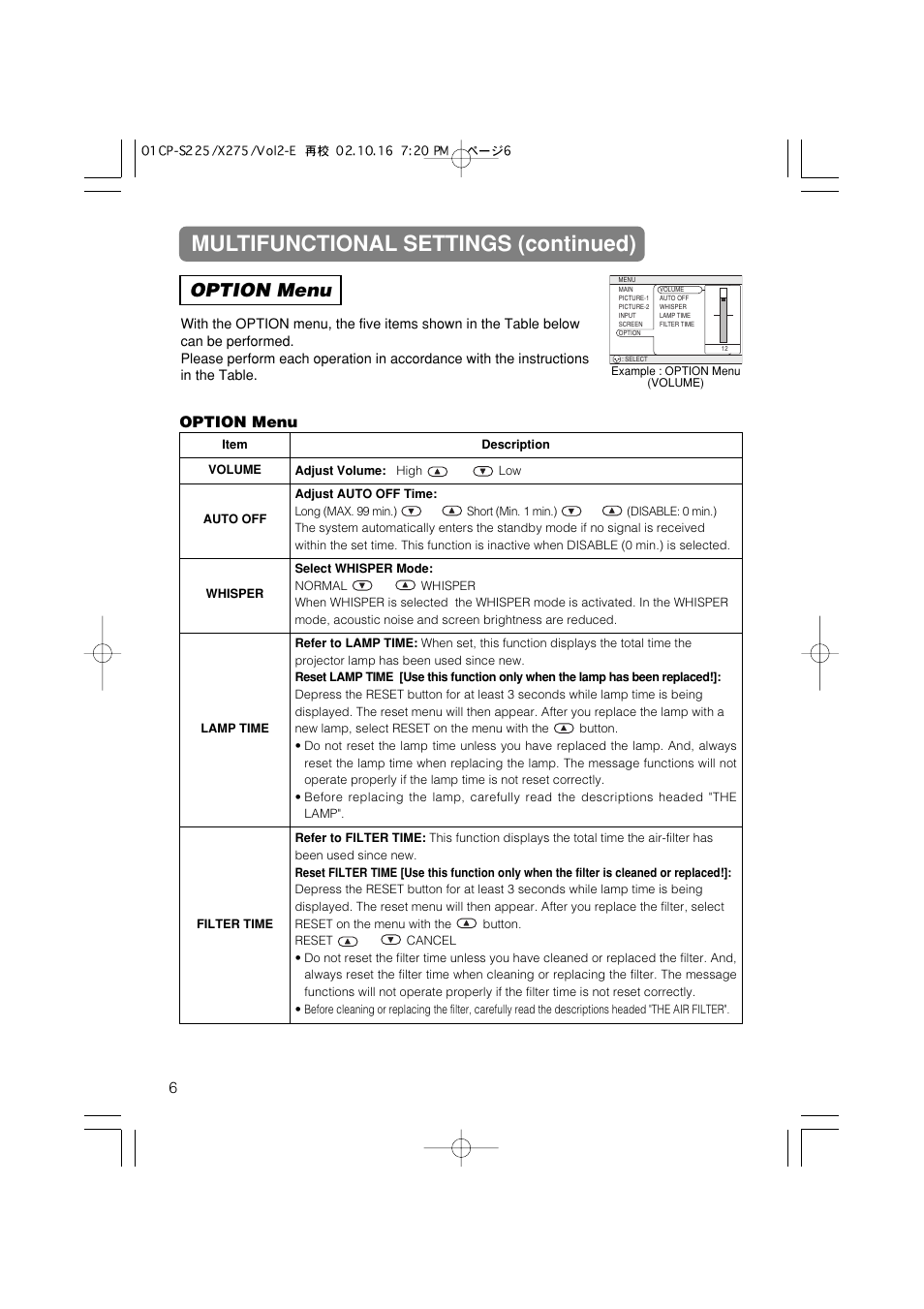 Multifunctional settings (continued), Option menu | Hitachi CP-X275 User Manual | Page 36 / 51