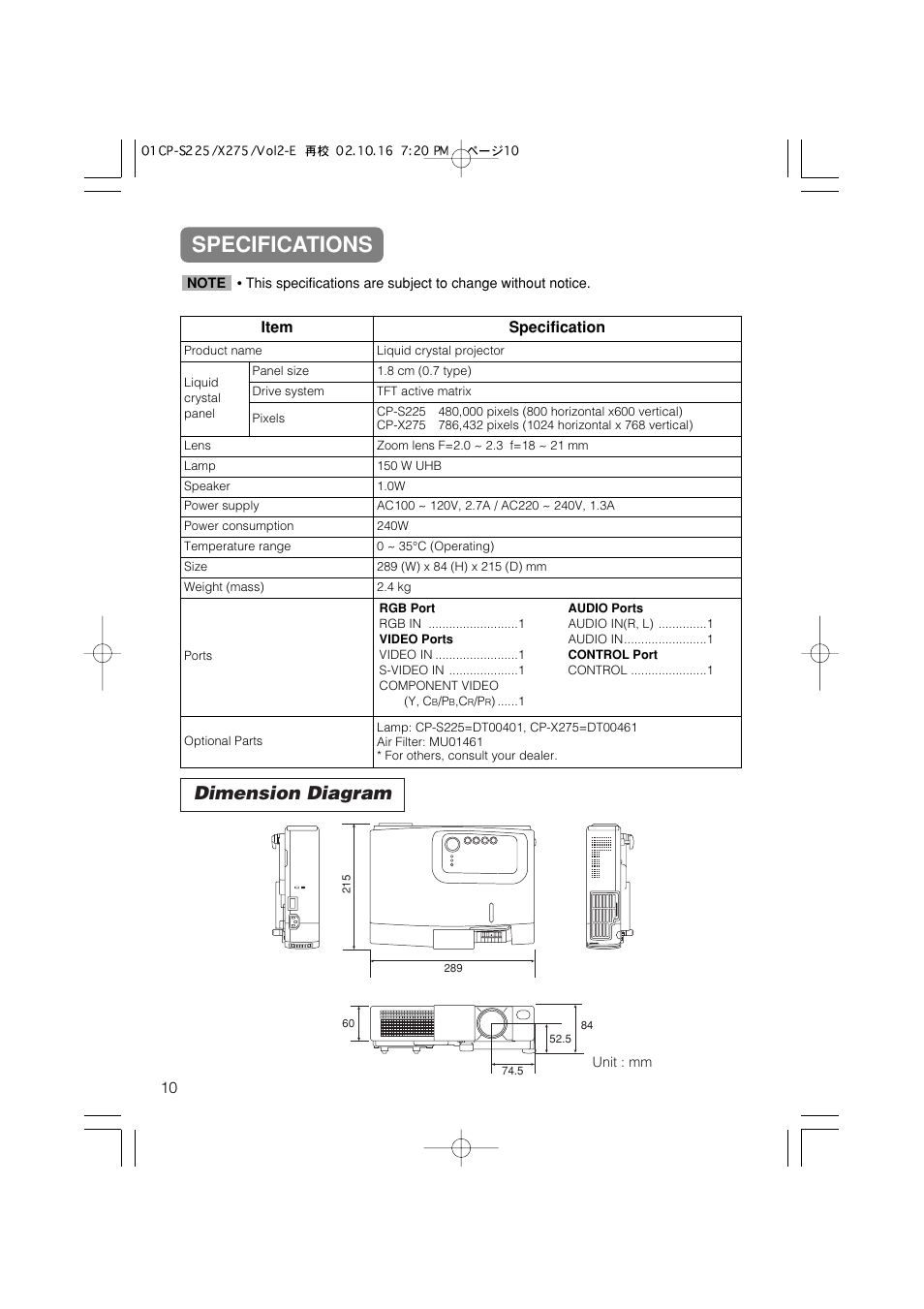 Specifications, Dimension diagram, Item specification | Hitachi CP-X275 User Manual | Page 40 / 51