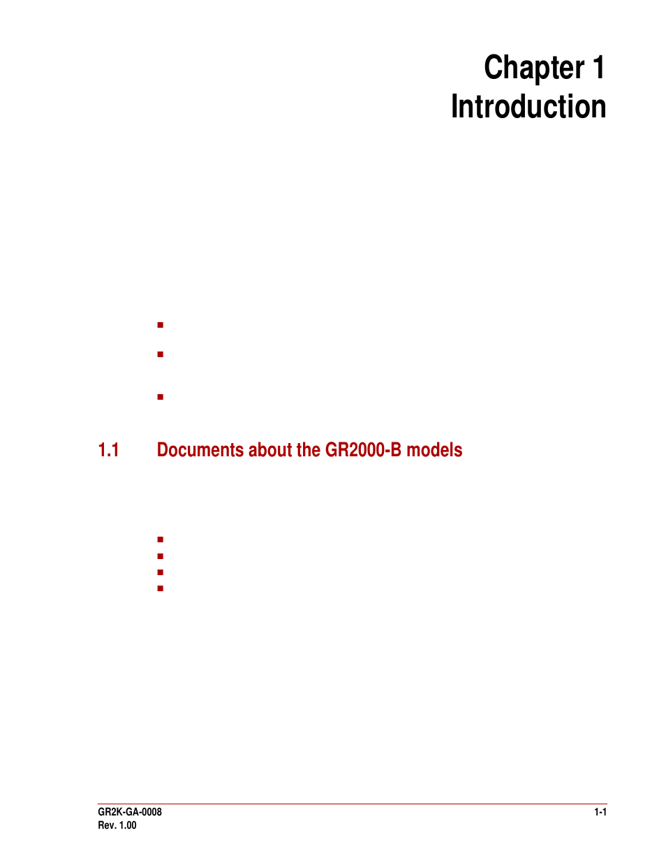 Chapter 1 introduction, 1 documents about the gr2000-b models, Chapter 1 - introduction -1 | 1 documents about the gr2000-b models -1 | Hitachi GR2000-B Series User Manual | Page 19 / 48