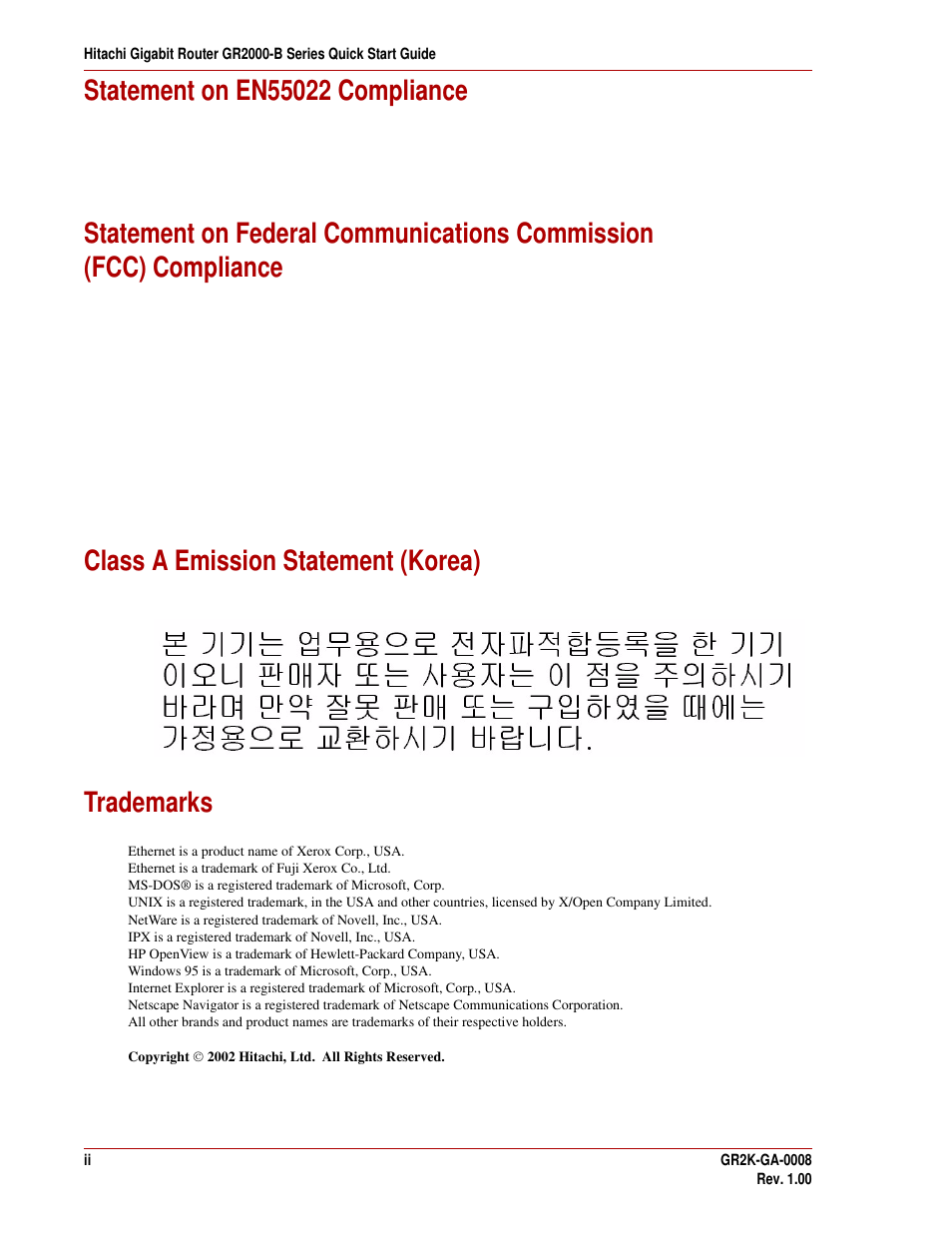 Class a emission statement (korea) trademarks | Hitachi GR2000-B Series User Manual | Page 2 / 48