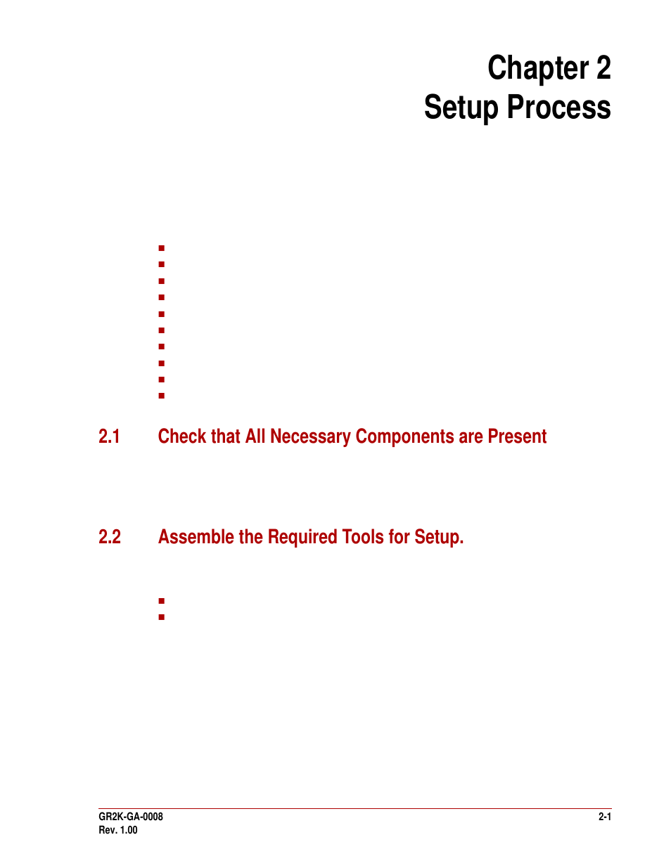 Chapter 2 setup process, 1 check that all necessary components are present, 2 assemble the required tools for setup | Chapter 2 - setup process -1, 2 assemble the required tools for setup -1 | Hitachi GR2000-B Series User Manual | Page 21 / 48