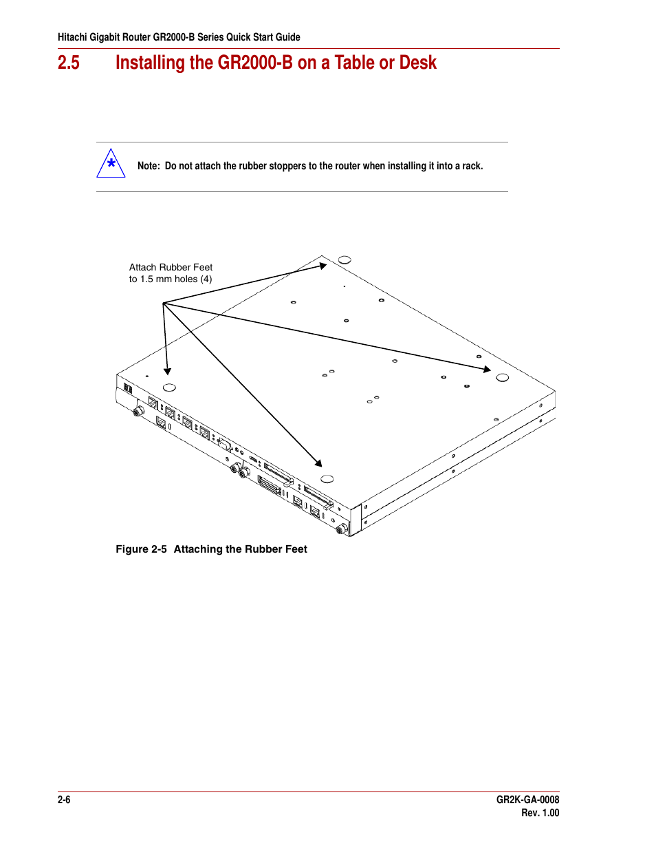5 installing the gr2000-b on a table or desk, 5 installing the gr2000-b on a table or desk -6, Figure 2-5. attaching the rubber feet -6 | Hitachi GR2000-B Series User Manual | Page 26 / 48
