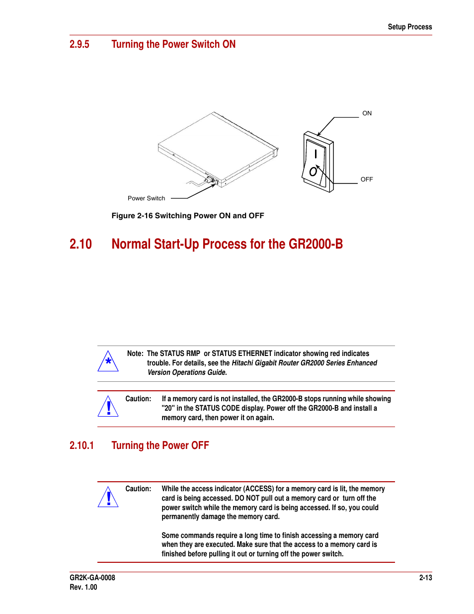 5 turning the power switch on, 10 normal start-up process for the gr2000-b, 1 turning the power off | 5 turning the power switch on -13, 10 normal start-up process for the gr2000-b -13, 1 turning the power off -13, Figure 2-16. switching power on and off -13 | Hitachi GR2000-B Series User Manual | Page 33 / 48