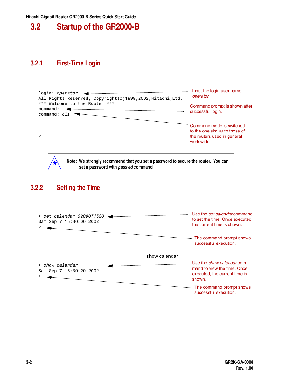 2 startup of the gr2000-b, 1 first-time login, 2 setting the time | 2 startup of the gr2000-b -2, 1 first-time login -2, 2 setting the time -2 | Hitachi GR2000-B Series User Manual | Page 36 / 48