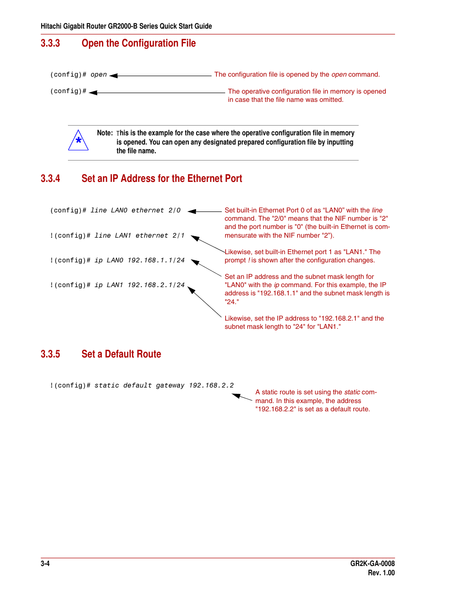 3 open the configuration file, 4 set an ip address for the ethernet port, 5 set a default route | 3 open the configuration file -4, 4 set an ip address for the ethernet port -4, 5 set a default route -4 | Hitachi GR2000-B Series User Manual | Page 38 / 48