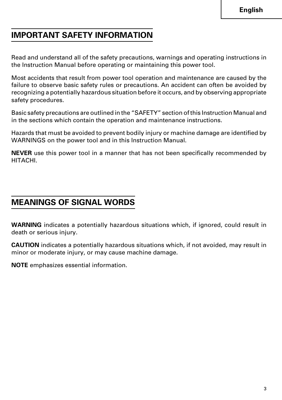 Important safety information, Meanings of signal words | Hitachi CR 24DV User Manual | Page 3 / 80