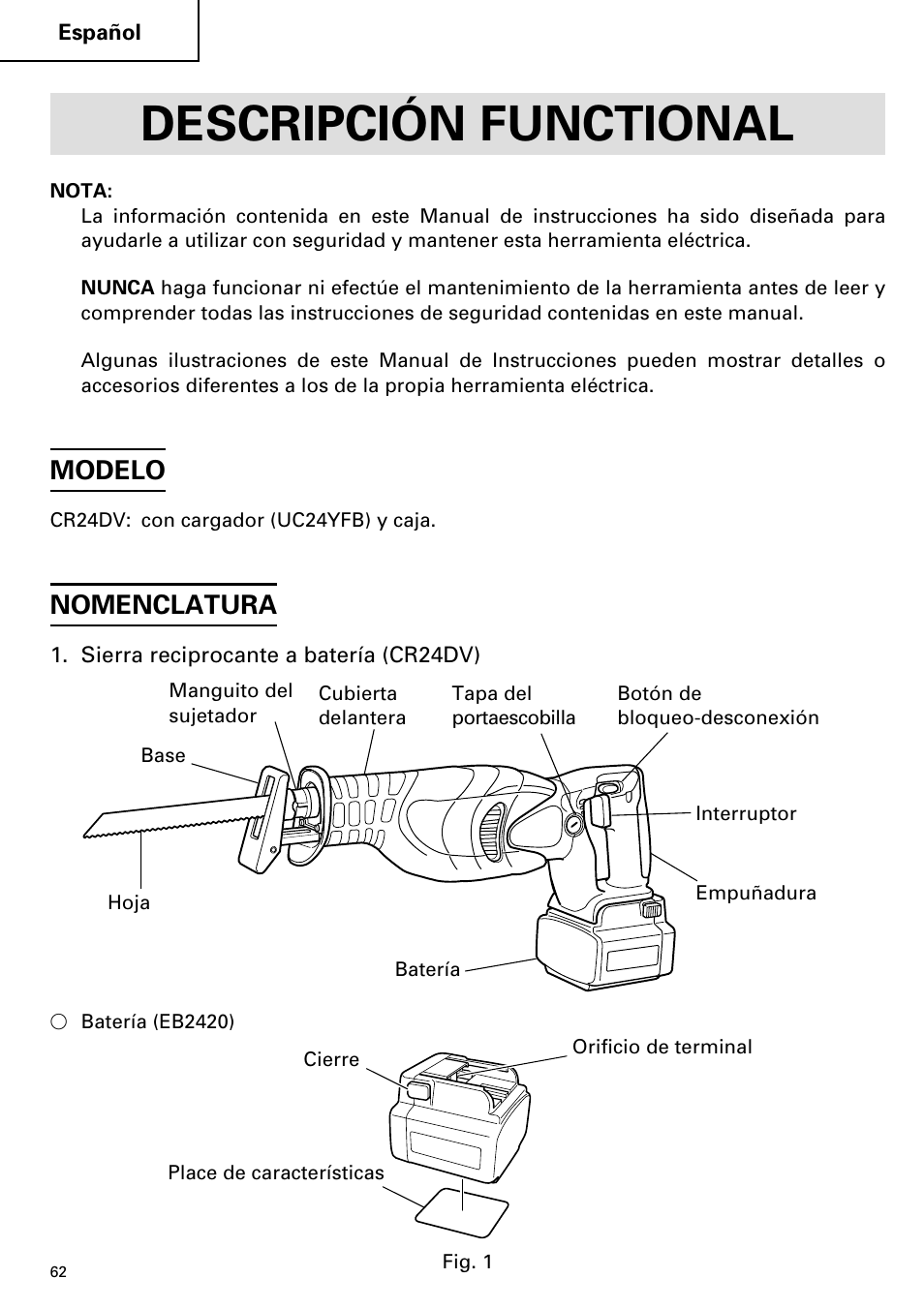 Descripción functional, Modelo, Nomenclatura | Hitachi CR 24DV User Manual | Page 62 / 80