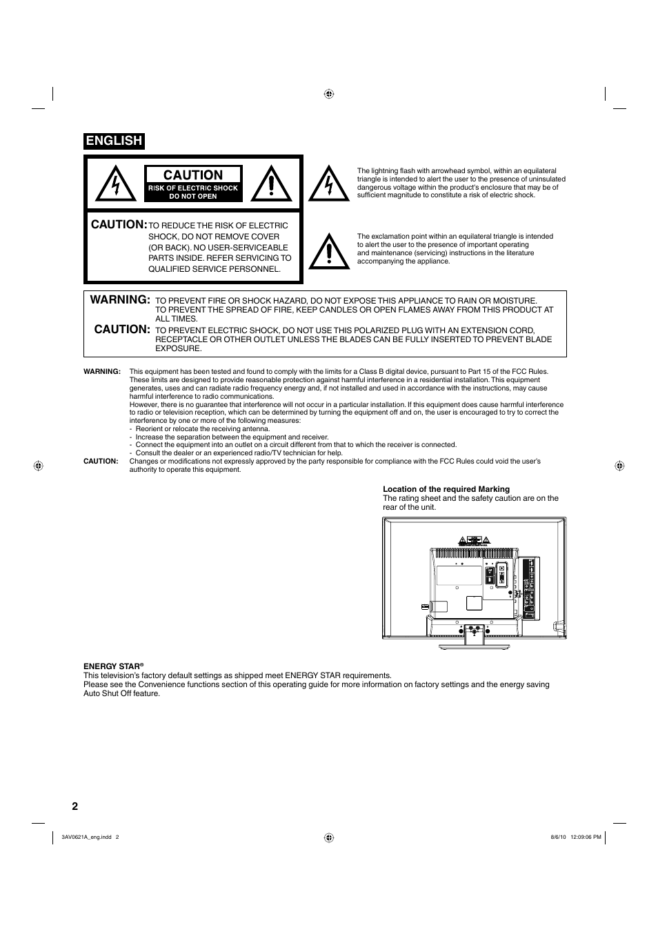 English, Caution, Warning | Hitachi LE22S314 User Manual | Page 2 / 56