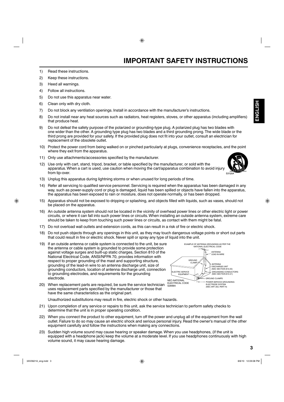 Important safety instructions, 3english | Hitachi LE22S314 User Manual | Page 3 / 56