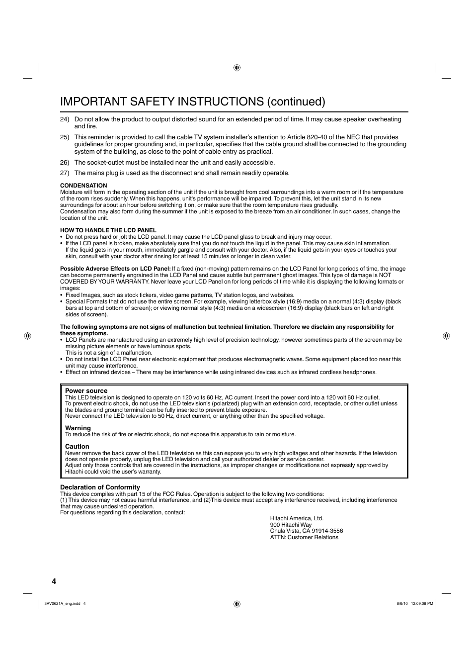 Important safety instructions (continued) | Hitachi LE22S314 User Manual | Page 4 / 56