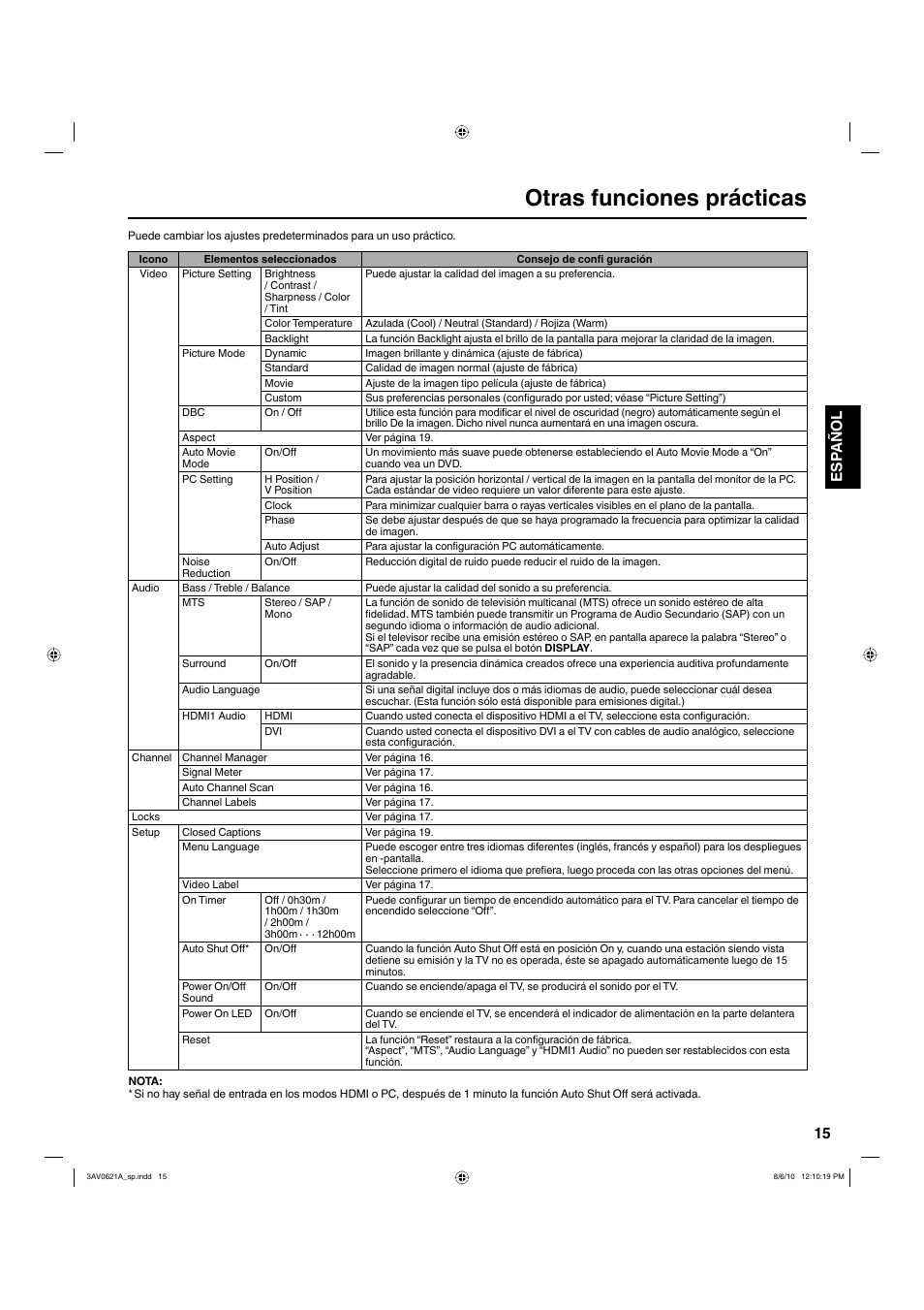 Otras funciones prácticas, 15 esp añol | Hitachi LE22S314 User Manual | Page 41 / 56