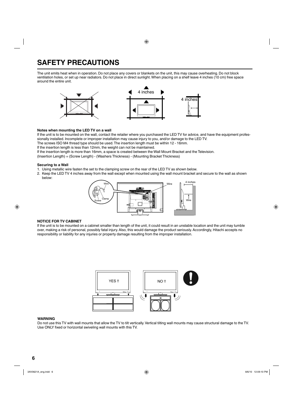 Safety precautions | Hitachi LE22S314 User Manual | Page 6 / 56