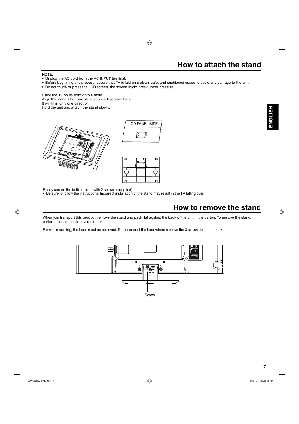 How to attach the stand how to remove the stand | Hitachi LE22S314 User Manual | Page 7 / 56