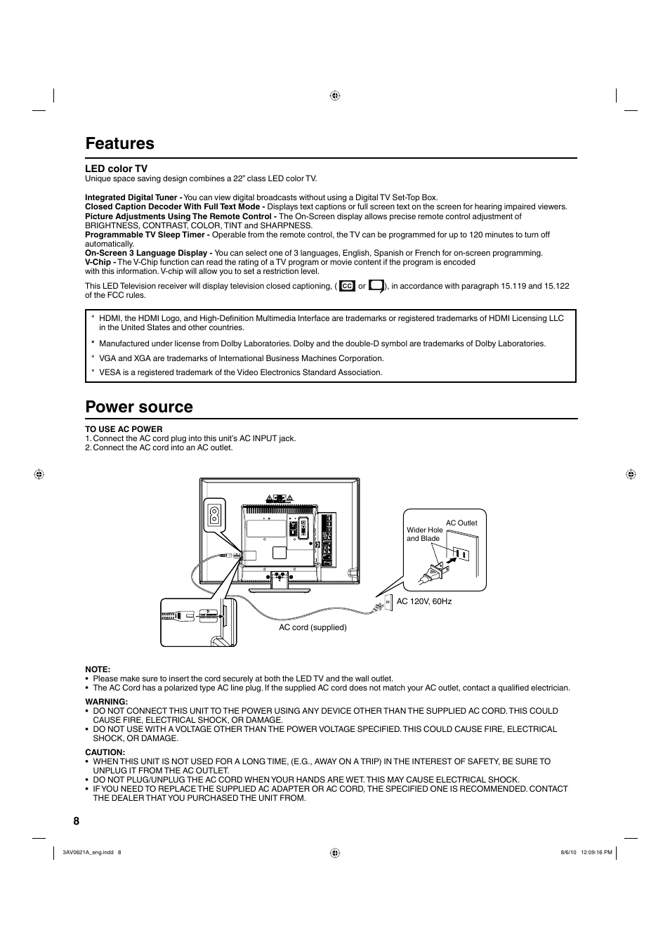 Features, Power source | Hitachi LE22S314 User Manual | Page 8 / 56