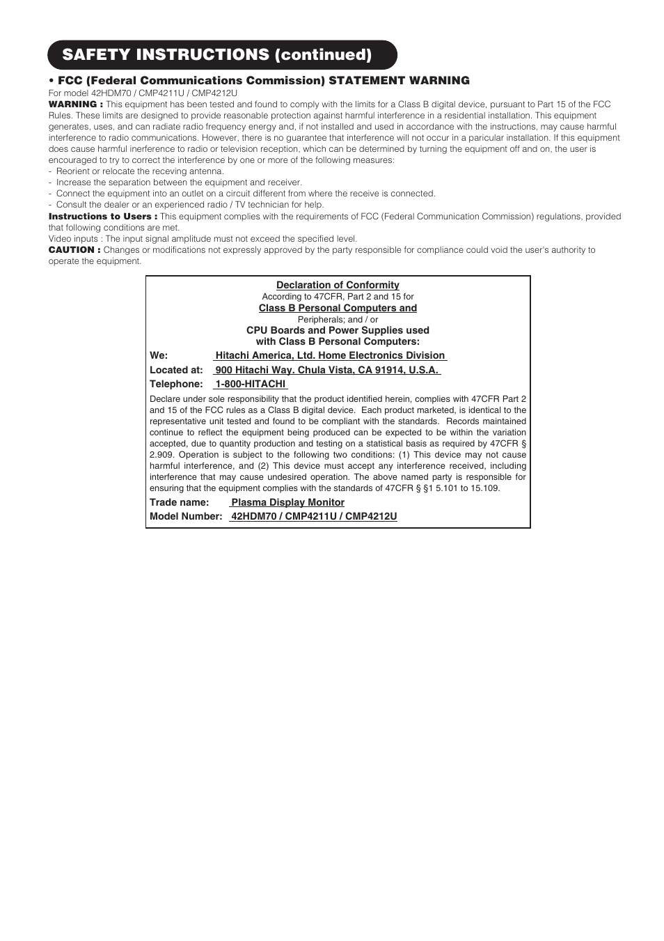 Safety instructions (continued) | Hitachi CMP4211 User Manual | Page 10 / 46