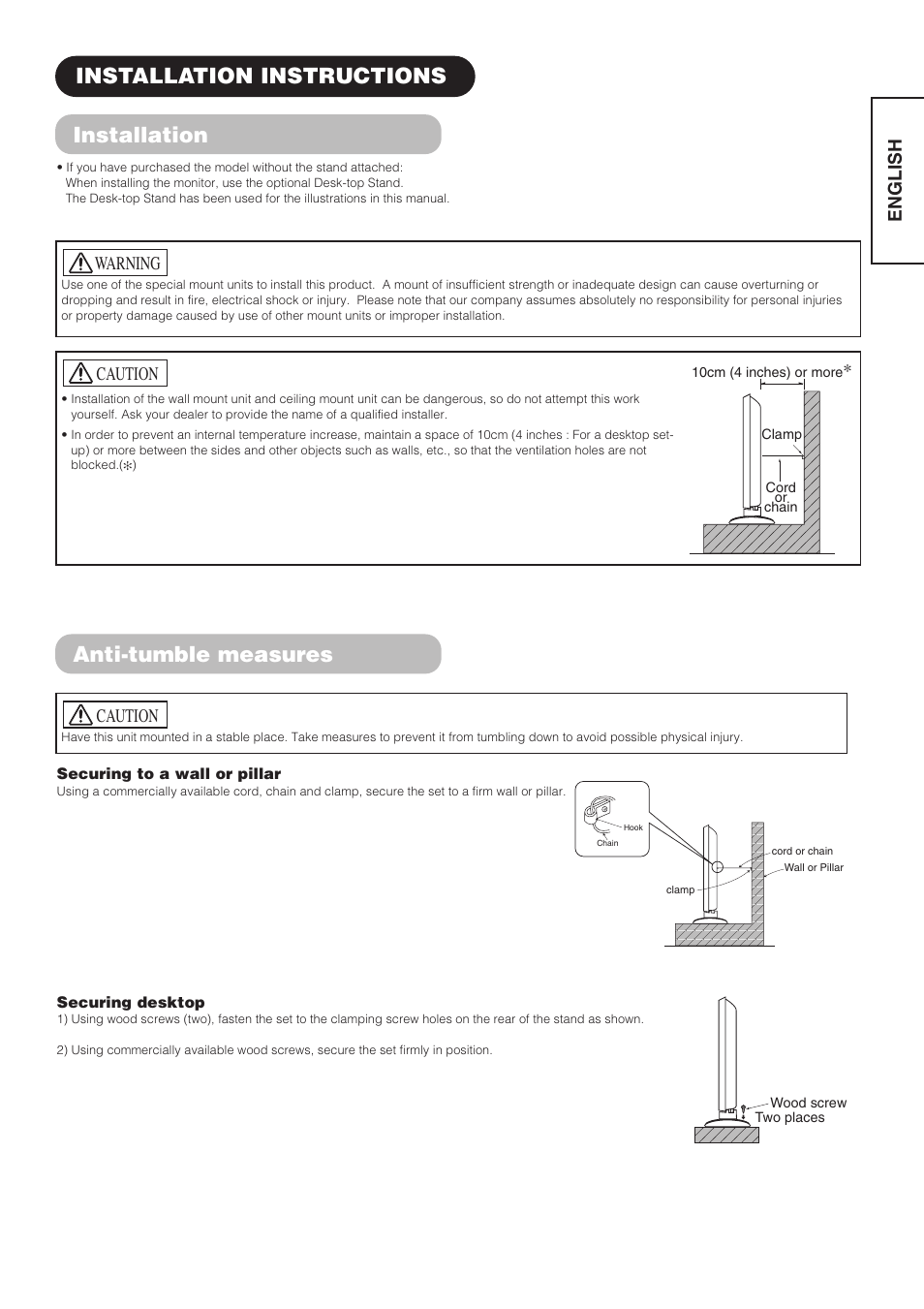 Anti-tumble measures, Installation instructions installation, English | Caution, Warning | Hitachi CMP4211 User Manual | Page 13 / 46