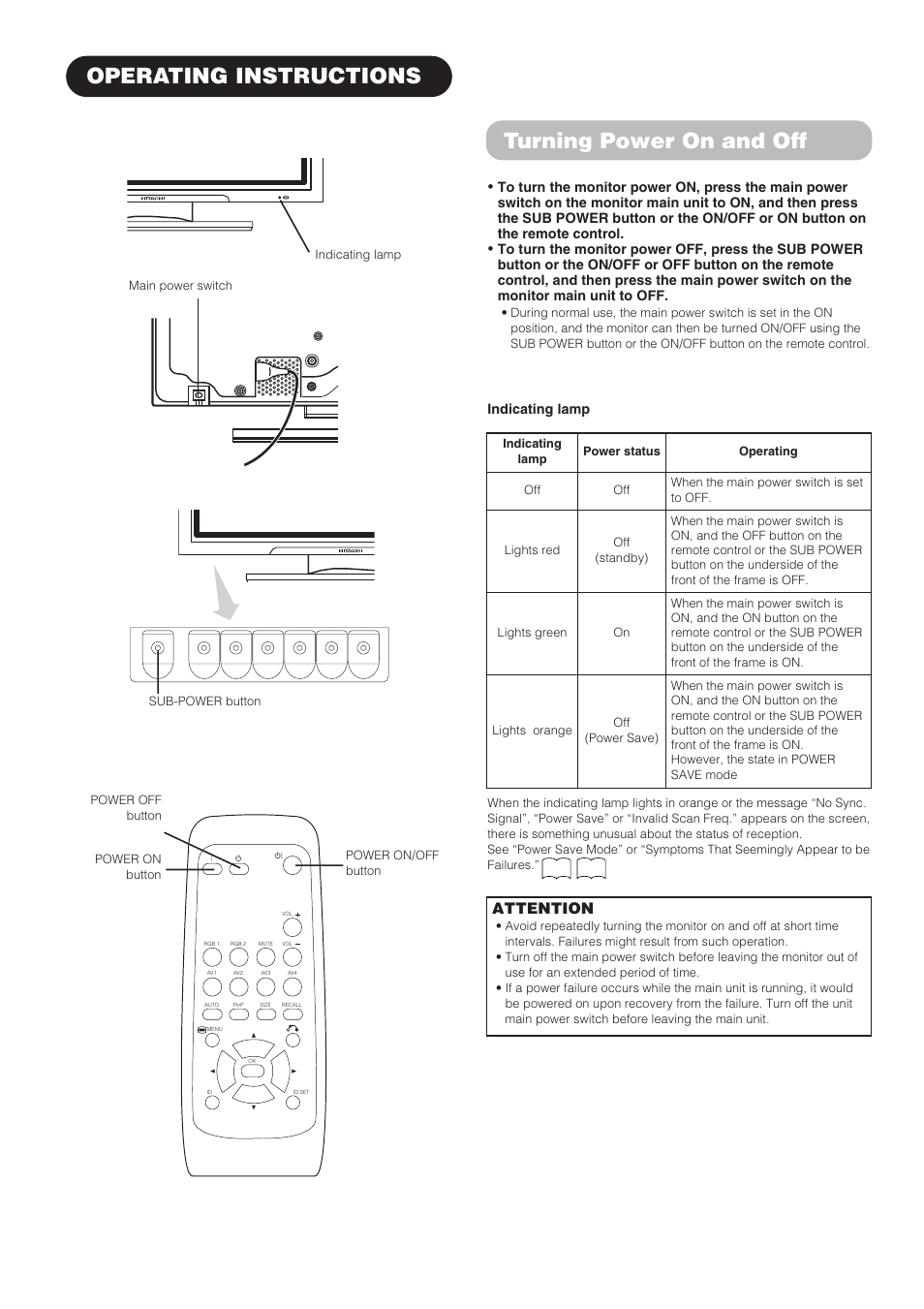 Operating instructions turning power on and off, Attention, Indicating lamp | Hitachi CMP4211 User Manual | Page 16 / 46