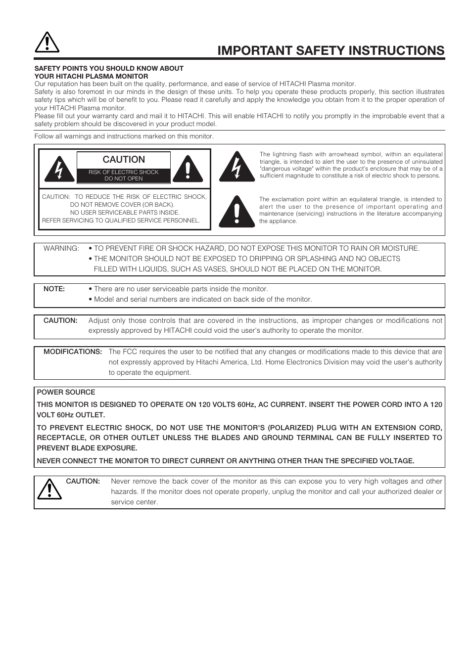 Important safety instructions, Caution | Hitachi CMP4211 User Manual | Page 2 / 46
