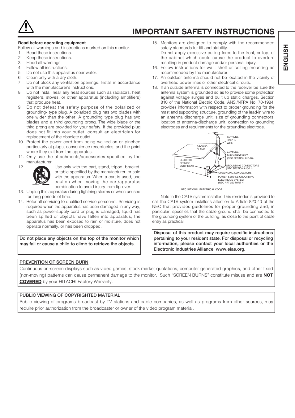 Important safety instructions, English | Hitachi CMP4211 User Manual | Page 3 / 46