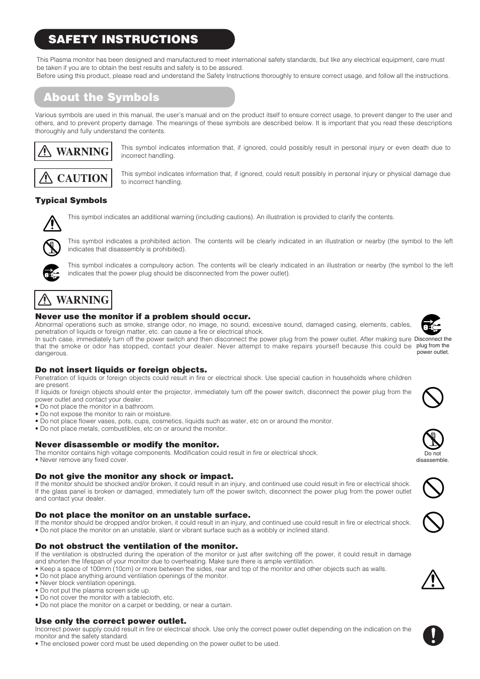 Safety instructions, Caution, Warning | About the symbols | Hitachi CMP4211 User Manual | Page 6 / 46