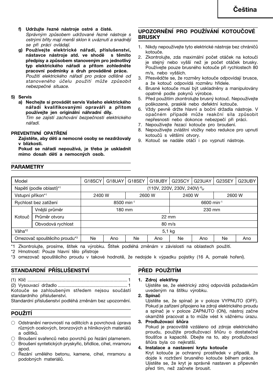 Čeština | Hitachi G23SCY User Manual | Page 30 / 53