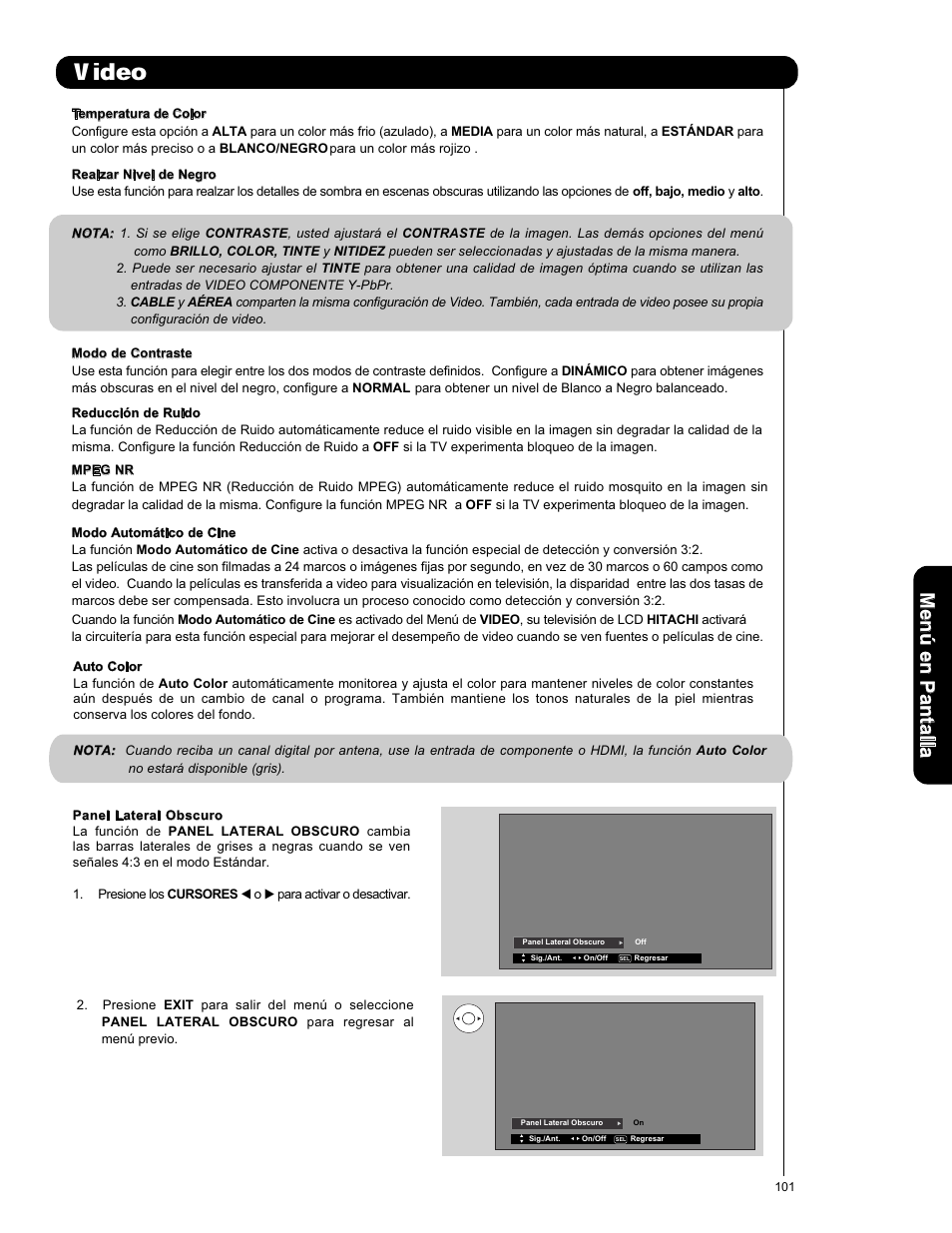 Video, Men ú en p an ta lla | Hitachi L47S601 User Manual | Page 101 / 142