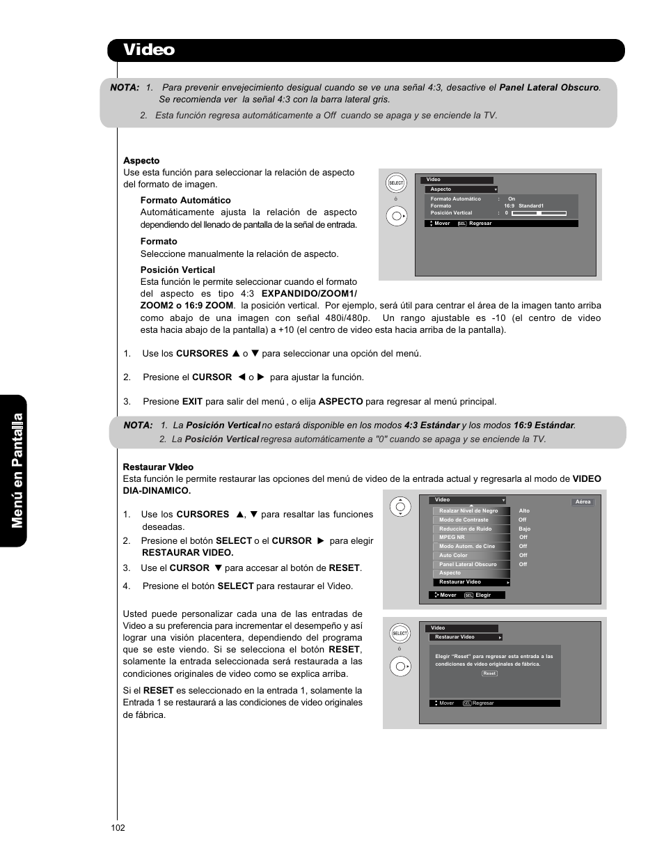 Video, Men ú en p an ta lla | Hitachi L47S601 User Manual | Page 102 / 142