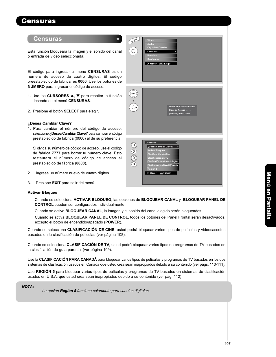 Censuras, Men ú en p an ta lla | Hitachi L47S601 User Manual | Page 107 / 142