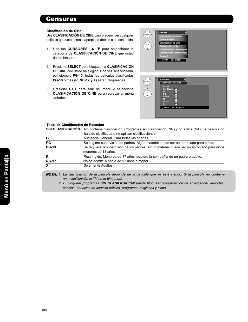 Censuras, Men ú en p an ta lla | Hitachi L47S601 User Manual | Page 108 / 142