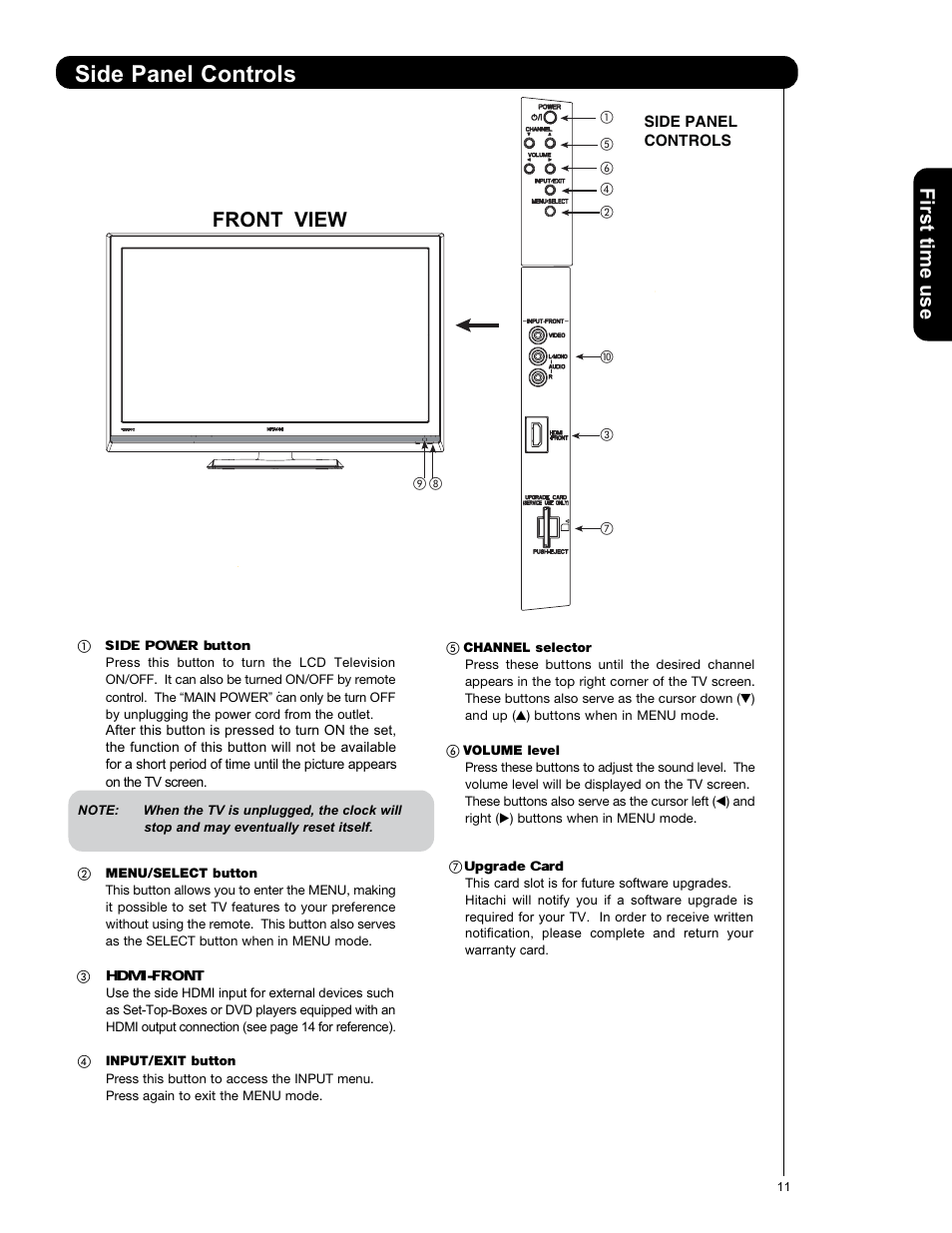Side panel controls, First time use front view | Hitachi L47S601 User Manual | Page 11 / 142